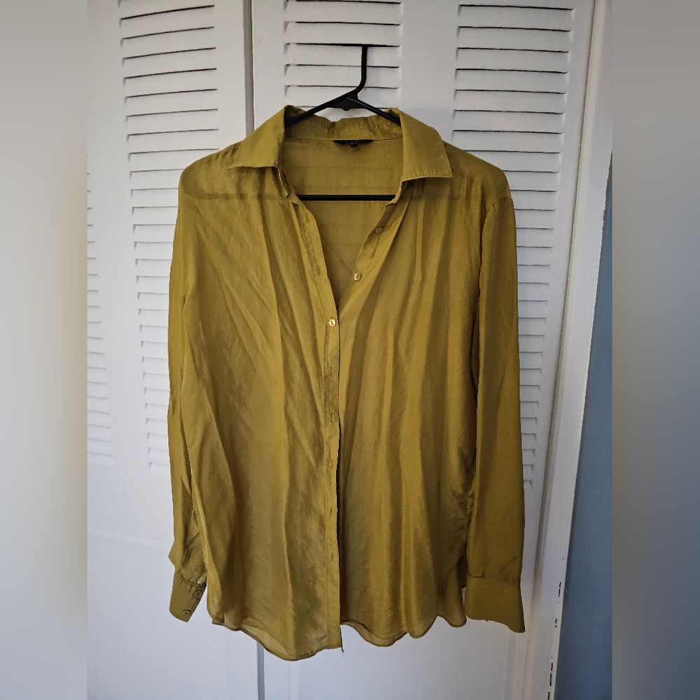 SILK - Massimo Dutti, Womens Chartreuse Collared Shirt, Size Small